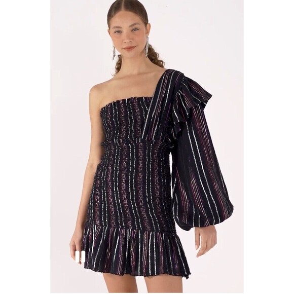 Farm Rio Lurex Stripes Mini Dress Medium NWT Smocked One Shoulder Sparkle - Picture 1 of 8